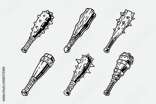 Fotografie Spiked wooden clubs gear retro engraved illustrations for medieval