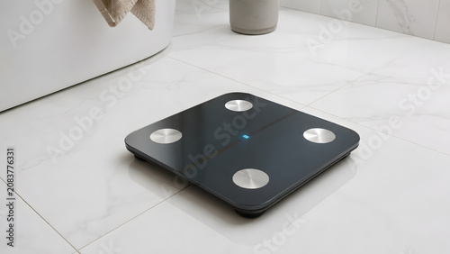 Smart scale LED display bathroom floor in modern minimalist interior with clean white tiles