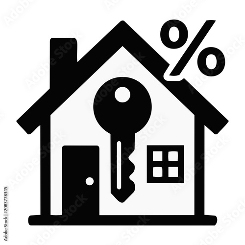 Real estate house icon with key and percentage symbol representing mortgage interest rates and home ownership financial concepts
