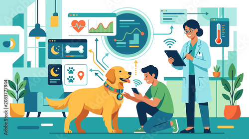 Veterinarian examining a dog with smart wearable technology and digital health tracking data analytics.