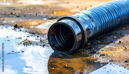 Close-up of a large black corrugated drainage pipe lying on wet ground.