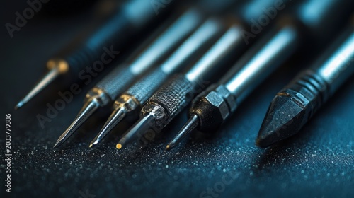 Precision engineering tools are arranged in a row on a dark textured surface.