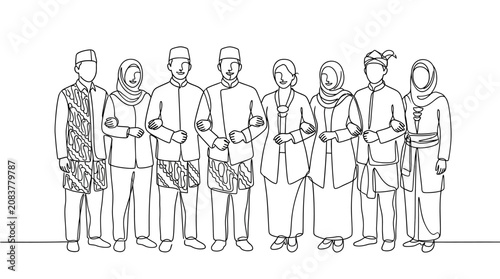 Quadro su tela Diverse Group of People in Traditional Southeast Asian Attire, Line Art Illustra