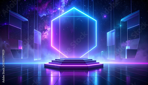 Futuristic Neon Hexagon Stage with Abstract Cosmic Background.