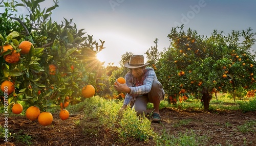 Memetik Jeruk Segar Langsung Dari Pohon Yang Rimbun Di Kebun Yang Cerah Saat Matahari Terbit