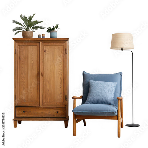 Cozy wooden cabinet with armchair and plant
