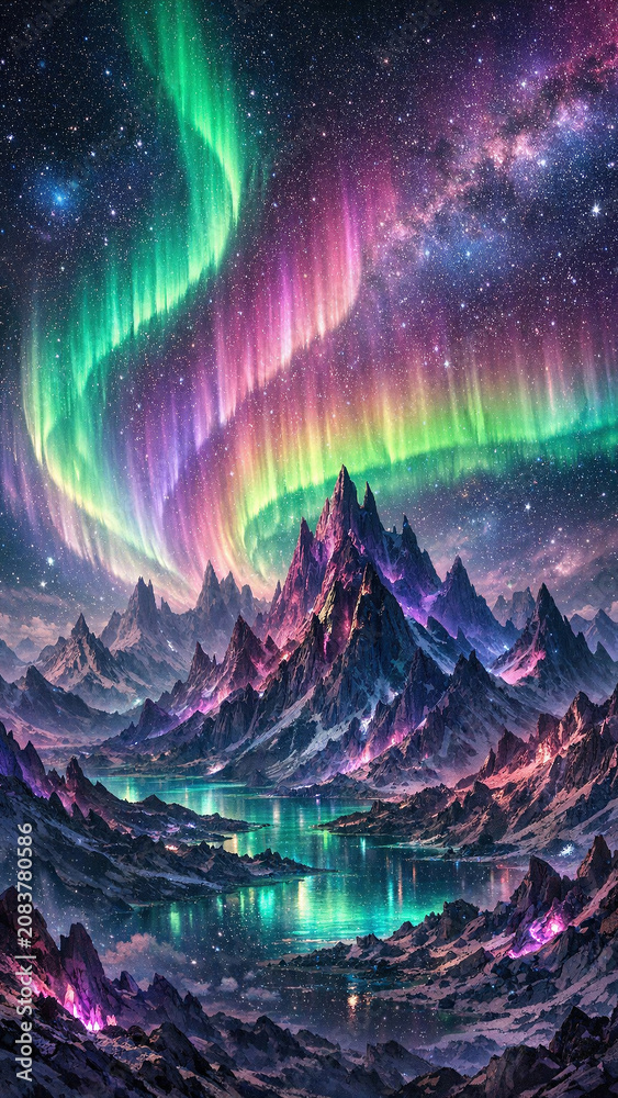 Fototapeta premium A picturesque night scene with a stunning aurora display over rugged mountain peaks, illuminating the landscape below.