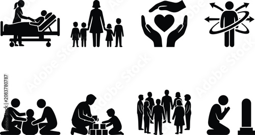 Billede på lærred Silhouette icon set of human life events, family care, healthcare, community support, child development, and social issues