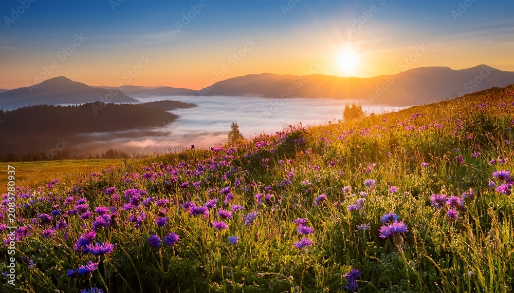 Obraz premium Vibrant Wildflowers Bloom In Misty Mountain Meadow At Sunrise With Foggy Hills