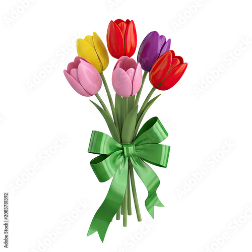 Bouquet of colorful tulips with green bow