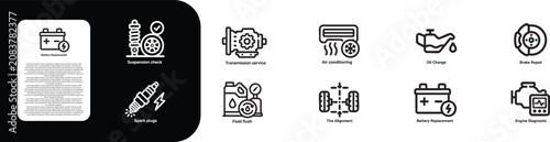 Automotive Maintenance Icons Set, Oil change, Brake repair, Engine diagnostic, Tire alignment, Battery replacement, Suspension check, Transmission service, Air conditioning, Spark plugs, Fluid flush.