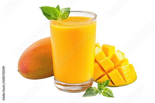 Fresh mango smoothie in glass with whole mango and diced pieces on black background juice drink