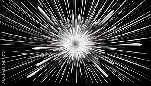 Abstract White Radial Explosion On A Black Background Depicting A Dynamic Burst Of Energy And Light