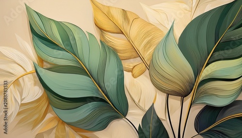 Abstract Botanical Boho Ael Tropical Leaves In An Abstract Minimalist Style With Green Beige And Yellow Tones Creating A Serene Boho Atmosphere