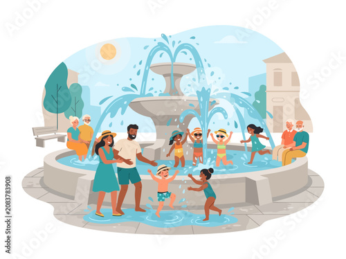 Happy families and children playing in a city park fountain