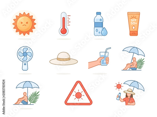 Summer heat safety icons for sun protection and hydration