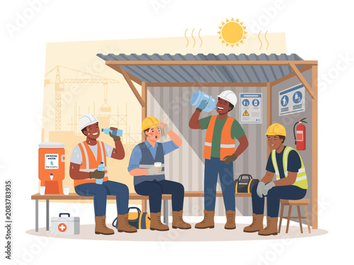 Fotografía Workers drinking water and resting in shade at construction site