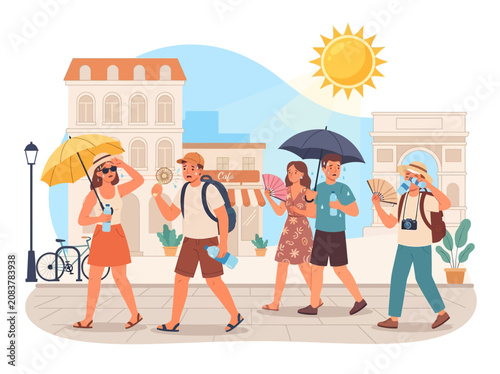 Exhausted people in city street during summer heatwave