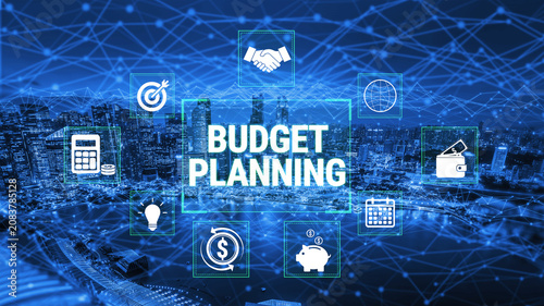 Tableau sur toile Budget Planning Concept with Digital Icons Representing Financial Management and Strategy in a Modern Cityscape Background Fluxor