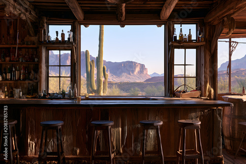 The interior of a rustic old west saloon. A wooden bar counter, with stools arranged facing large windows that offer a view of a desert landscape with mesas and saguaro cactus, is lined with bottles.