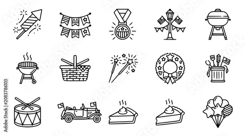 Photos American Independence Day Celebration Icons: Fireworks, BBQ, Picnic, Parade, Fes
