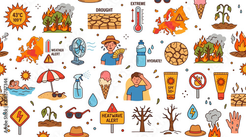 Extreme heat and global warming climate change impacts and icons
