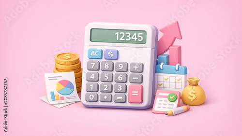 A collection of financial tools and icons representing various aspects of money management, including a calculator, banknotes, coin pile, and stock market charts.