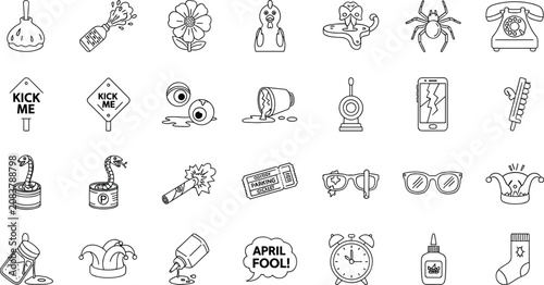 Quadro su tela Collection of funny april fools day prank icons and pranking accessories in simp