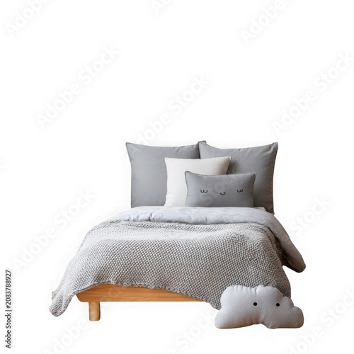 Cozy modern bed with gray bedding and wooden headboard