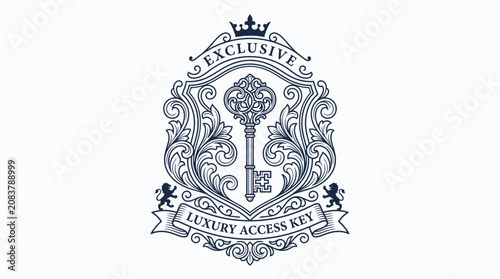 Принти на полотні Exclusive Luxury Access Key Emblem with Ornate Scrollwork, Crown, and Lions