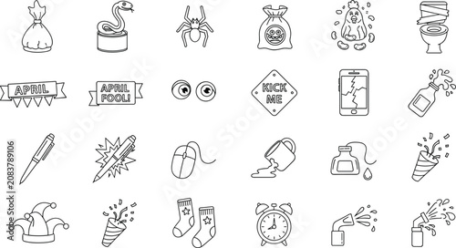 Konstfotografi Set of monochrome line icons representing funny april fools pranks and various h