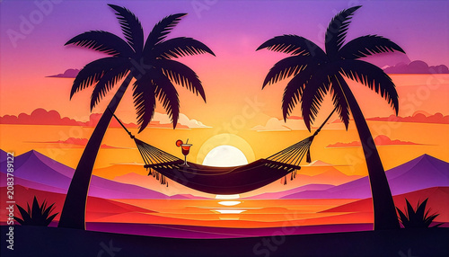 Tropical beach sunset with hammock and palm trees illustration