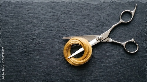 Professional hair scissors cutting a wooden ring on dark table