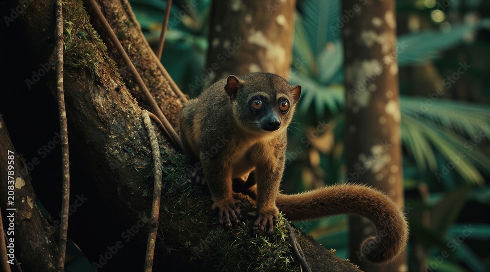 Fototapeta premium Small lemur sits on mossy branch in jungle. Cute mammal with big eyes, fluffy curled tail. Lush tropical plants in background. Cinematic jungle lighting creates moody atmosphere.