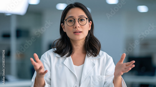 Asian female scientist speaking in laboratory