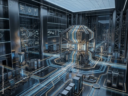 Futuristic high-tech data center with glowing blue energy conduits and advanced server racks