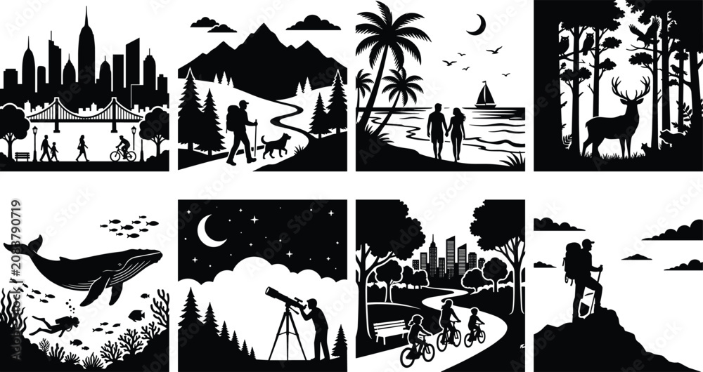 Obraz premium Adventure and Nature Silhouette Landscape Collection Featuring Travel Wildlife Outdoor and City Scene Designs