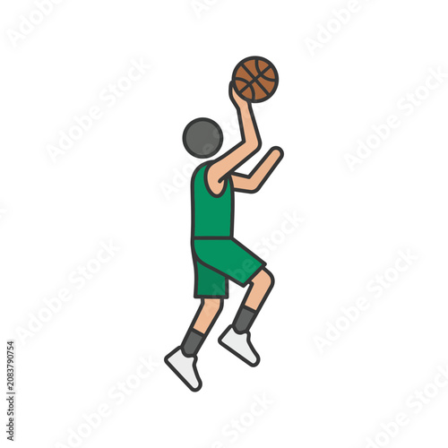 Male basketball player performing powerful slam dunk.