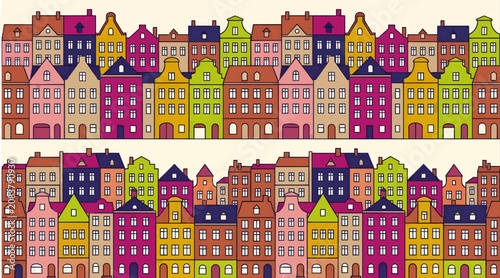 Photos Flat Vector Illustration Repeating Pattern of Colorful European Apartment Buildi