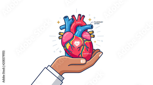 Human Heart Anatomy Illustration Held in Hand, Medical Care Concept