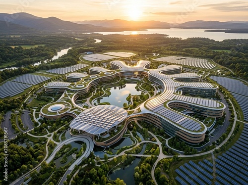 Futuristic sustainable city complex with solar panels and green architecture at sunset