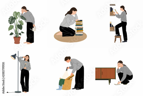 Vector Illustrations Set of a Young Woman Performing Daily Household Tasks and Creative Activities at Home