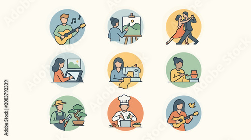 Obraz na plátne Set of Flat Icons Depicting People Enjoying Artistic Pastimes and Hobbies, Inclu