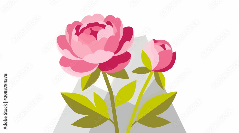 Fototapeta premium Flat Vector Illustration of Two Pink Peony Flowers, One Fully Bloomed and One Budding, with Green Leaves and Abstract Geometric Background, Clean Design with Copy Space