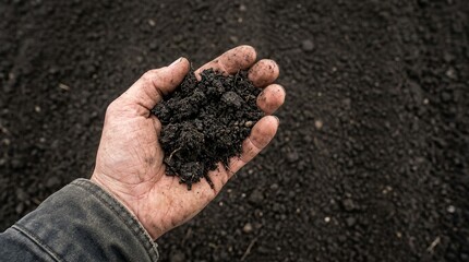 Farmer hand holding a handful of dark fertile soil for agriculture gardening and earth day concept