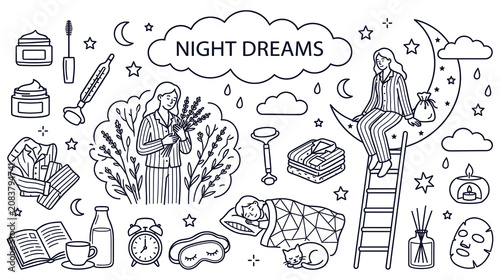 Canvastavla Night dreams lifestyle set with bedtime routine elements and relaxation icons vector line