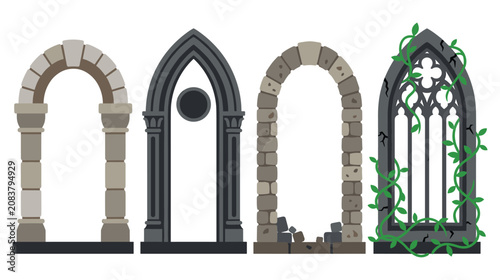 Bild auf Leinwand Ancient stone archway set with gothic window frames and ruined castle entrance architecture
