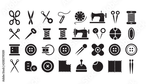 Tableau sur toile Sewing and tailoring tools black glyph icons set, needlework and handicraft symbols