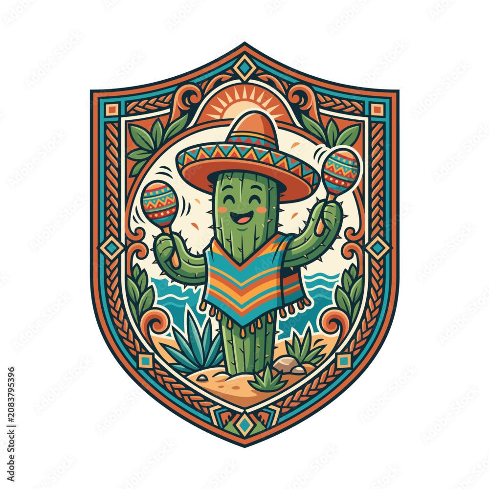 Obraz premium Colorful Mexican Cactus Character with Sombrero and Maracas in Decorative Shield Frame