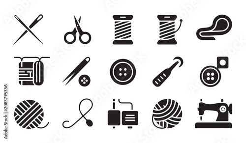 Tableau sur toile Essential tailoring and needlework icons with yarn spools scissors and sewing machine set